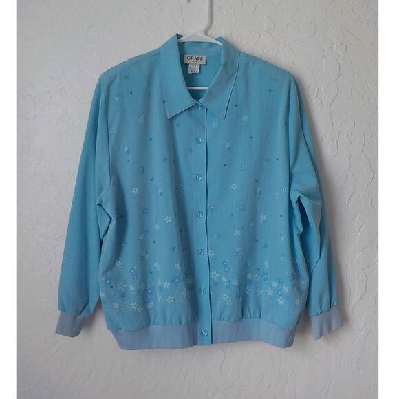 Vintage GRAFF Blue Floral Button Up Light Jacket Women Sz Large Petite Made USA - Picture 12 of 12